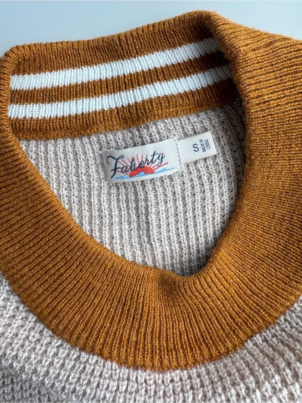 FAHERTY Throwback Crew Neck Waffle Knit Sweater in Tan Oat Varsity Stripe Small - Picture 7 of 11